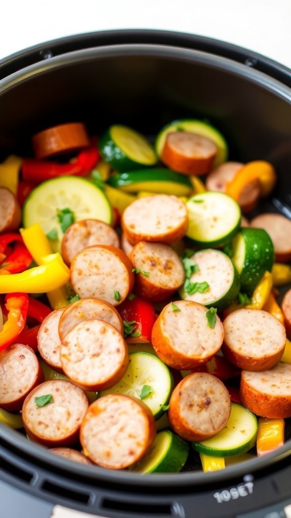 Quick Air Fryer Chicken Sausage and Veggies Air fryer chicken sausage and veggies with bell peppers and zucchini served on a plate.